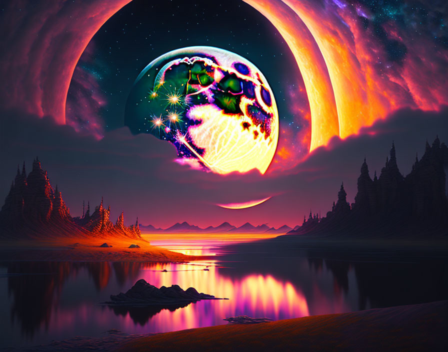 Vibrant nightscape with purple skies, massive planet, galaxy backdrop, lake, and pine trees