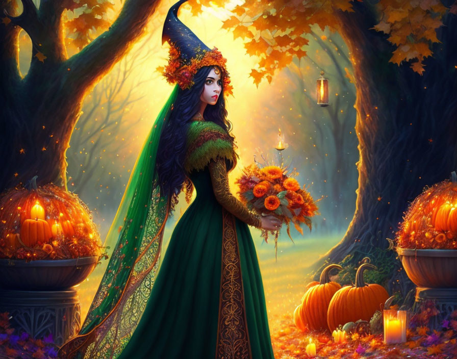 Woman in Witch Costume in Magical Autumn Forest with Pumpkins and Lanterns