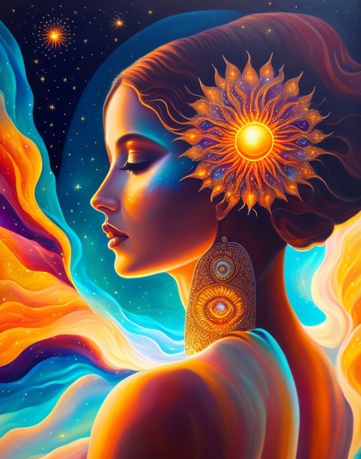 Celestial-themed portrait with sun motif and cosmic colors