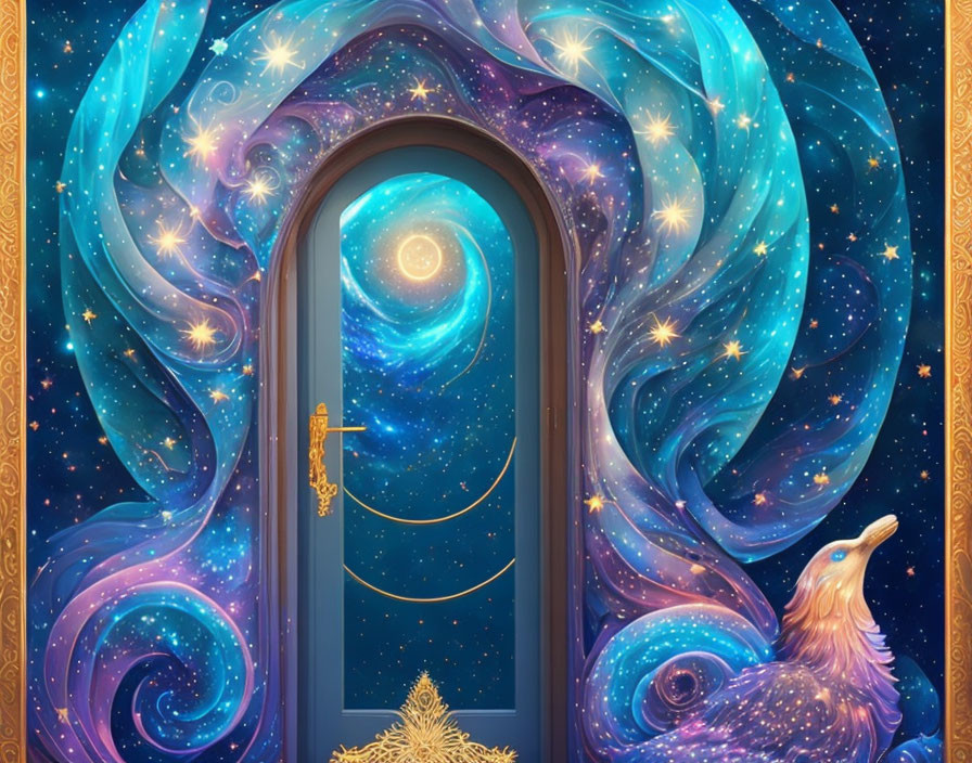 Mystical galaxy door with celestial eagle and sparkling stars