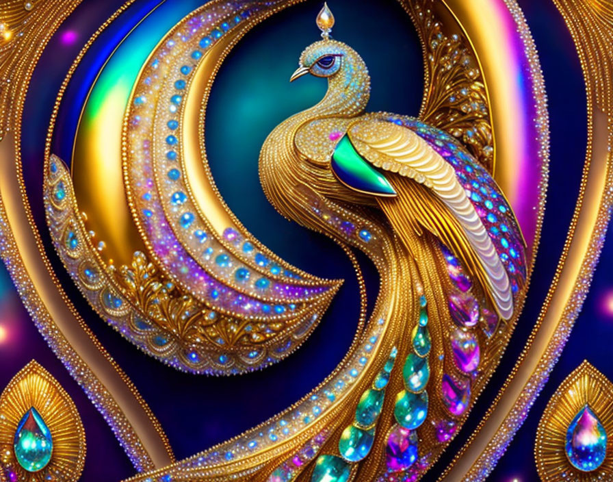 Digitally-created ornate peacock with gold and blue plumage and jewels on purple backdrop.