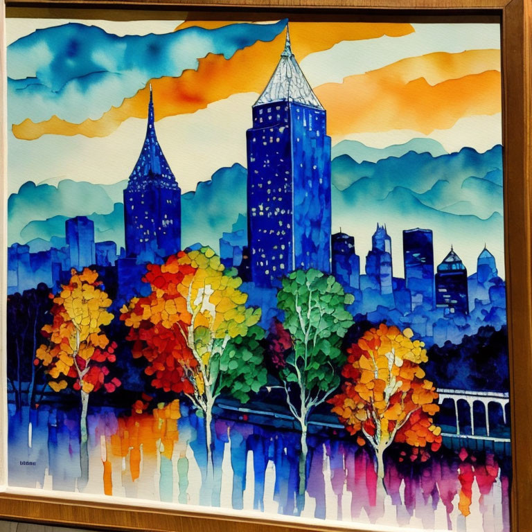 Vibrant watercolor city skyline with autumn trees and reflection.