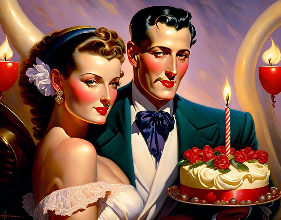 Vintage painting of man and woman with birthday cake