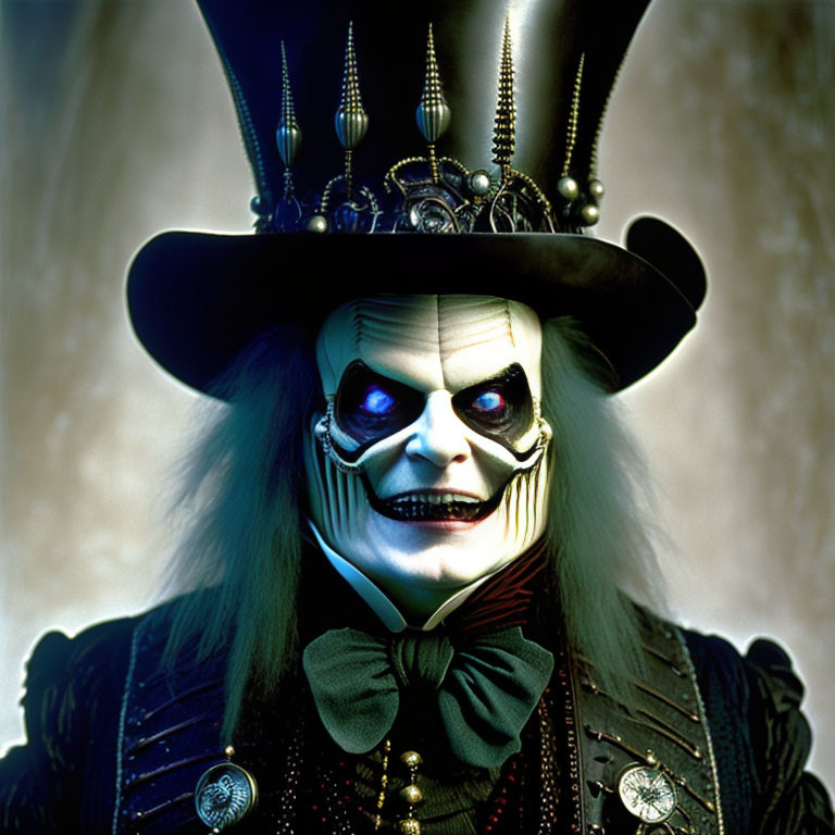 Person in white face makeup with dark eye accents wearing Victorian-style outfit and top hat with ornaments.