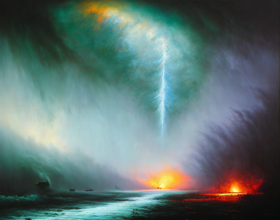 Stormy Seascape Painting with Lightning Bolt and Fiery Explosions