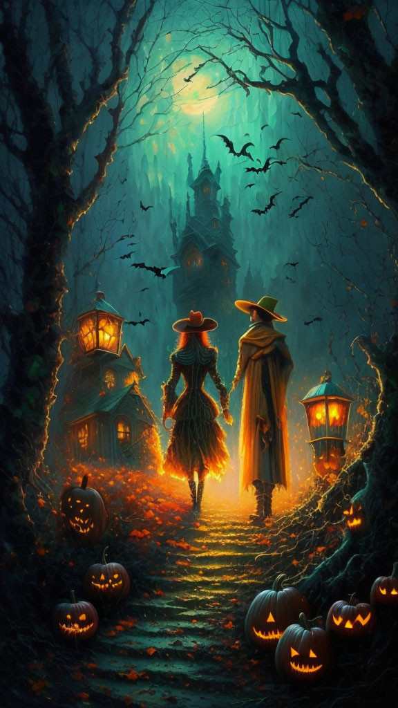 Mystical pathway with glowing pumpkins, eerie castle, silhouetted figures, bats,