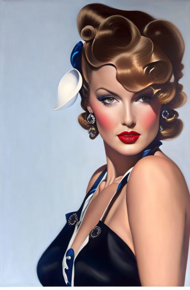 Classic Pin-Up Style Portrait of Woman in Navy Outfit