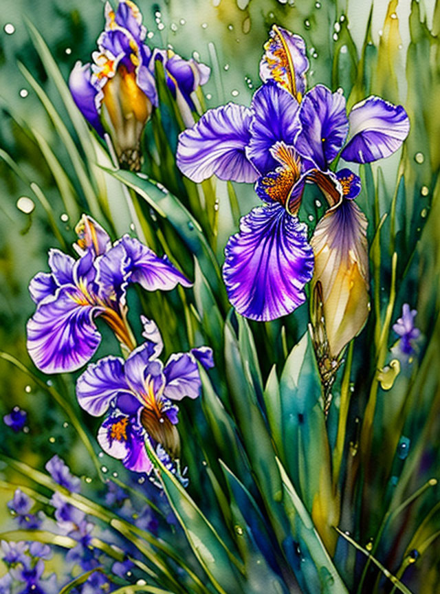 Vibrant purple irises with orange and yellow accents on dewy green foliage backdrop