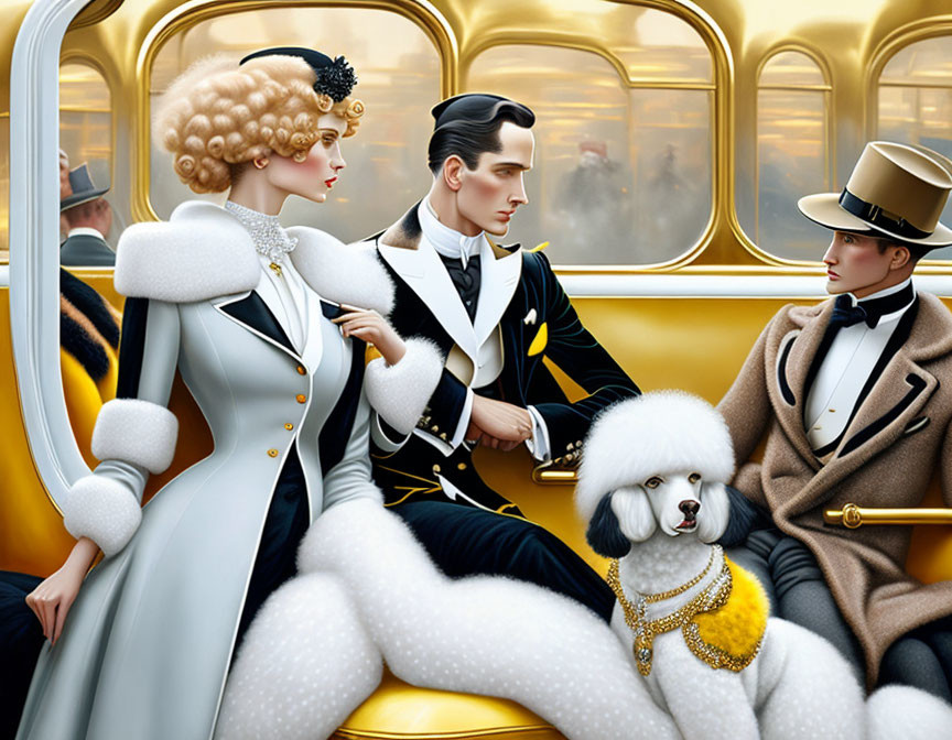 Vintage train compartment with elegantly dressed trio and poodle.