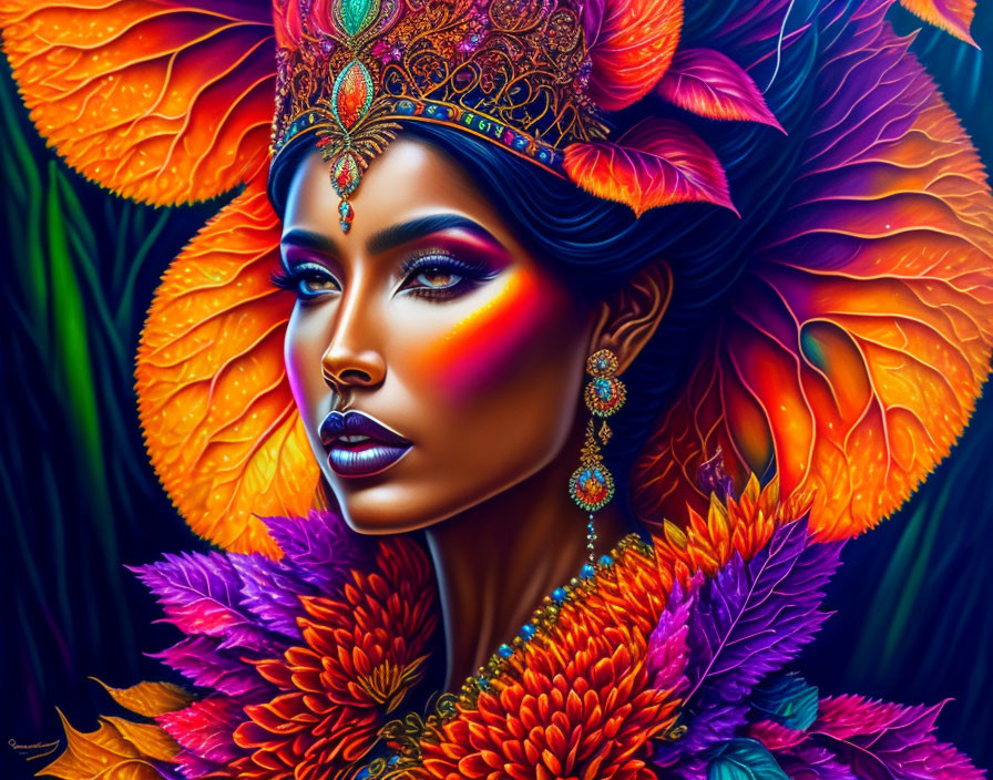Vibrant tropical woman with decorative headdress in lush foliage