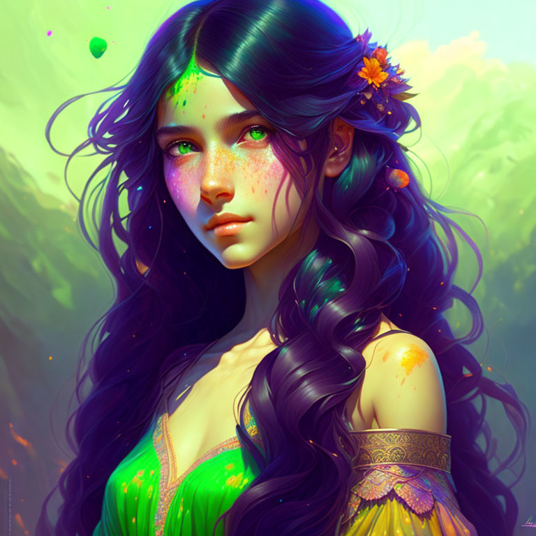 Digital portrait of woman with wavy blue hair, green eyes, and freckles adorned with colorful