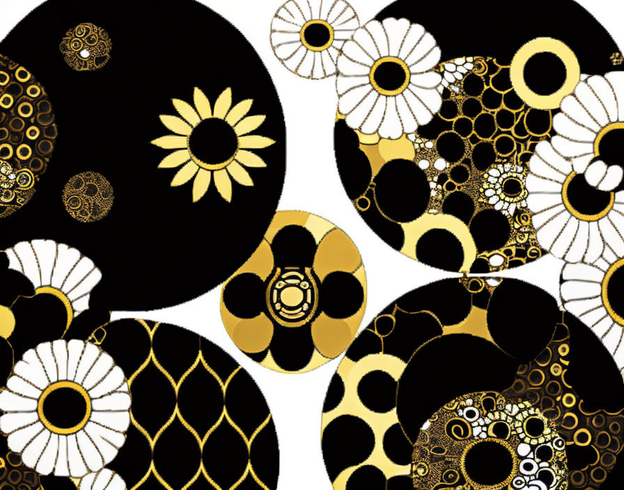 Black and Gold Abstract Floral Pattern with Geometric Shapes and Intricate Details