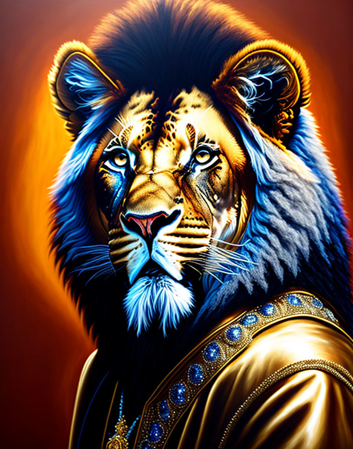 Majestic lion illustration with blue-orange mane and golden attire