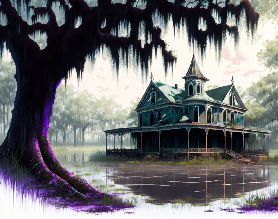 Victorian mansion in foggy swamp with moss-covered tree