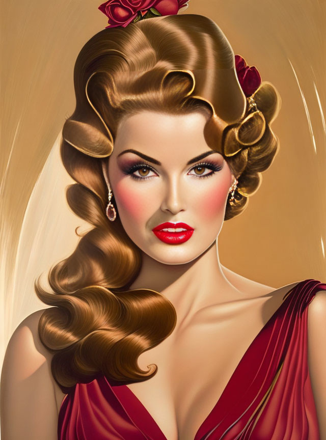 Vintage Glamour: Woman in Red Dress with Classic Hairstyle