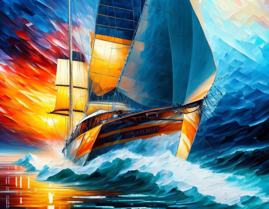 Colorful Sailboat Painting with Blue and Orange Sails on Ocean Waves