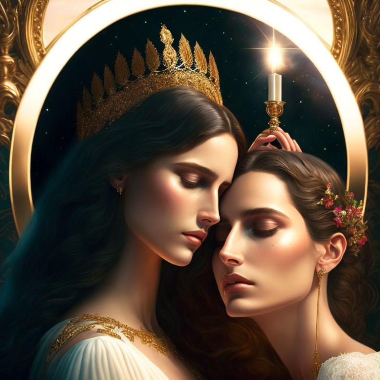 Regal woman in golden crown gazes into mirror in white gown