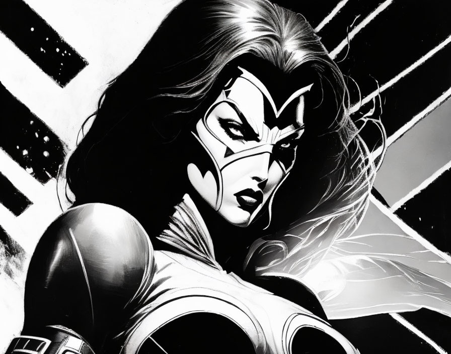 Monochrome illustration: Female superhero with determined expression, flowing hair, headpiece, and emblem costume