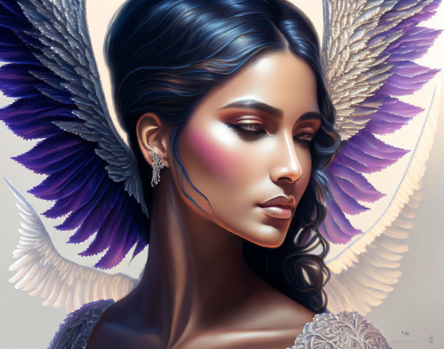 Dark-haired woman with angel wings and intricate makeup in serene portrait.