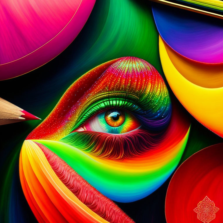 Colorful digital artwork: Human eye with abstract shapes and rainbow patterns