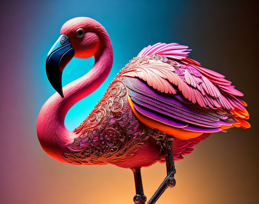 Colorful digital artwork: Mechanical flamingo with metallic feathers in pink, lavender, and orange on gradient