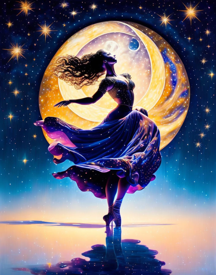 Graceful woman dances in space-themed backdrop with crescent moon and stars.