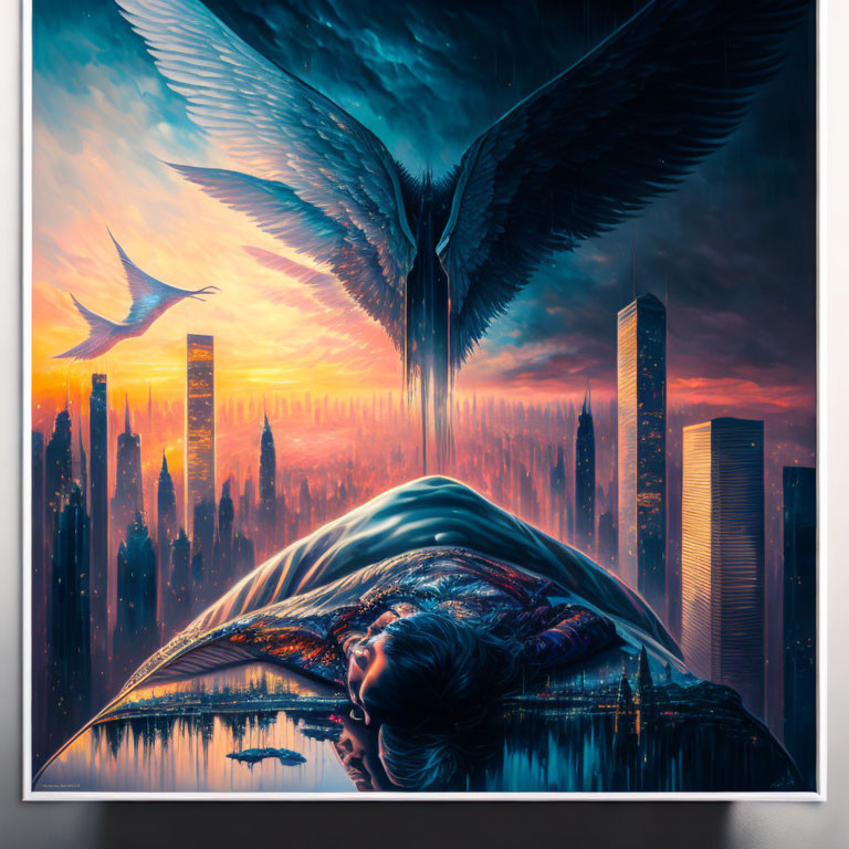 Gigantic winged creature over city skyline at sunset with person lying down