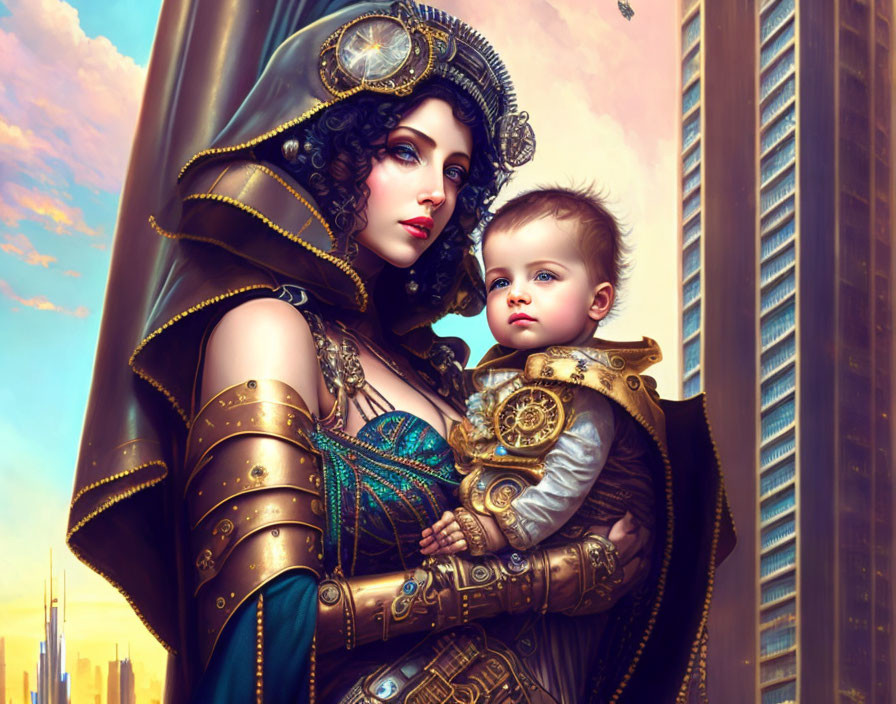 Futuristic steampunk mother with child in cityscape