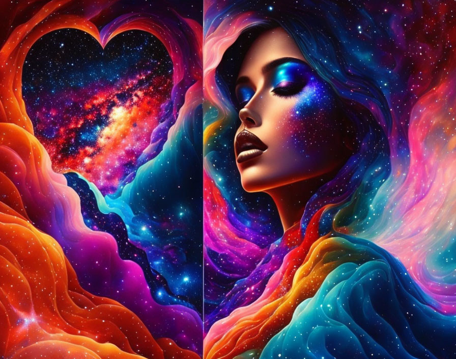 Cosmic-themed portrait of a woman with galaxy makeup merging with star-filled space.