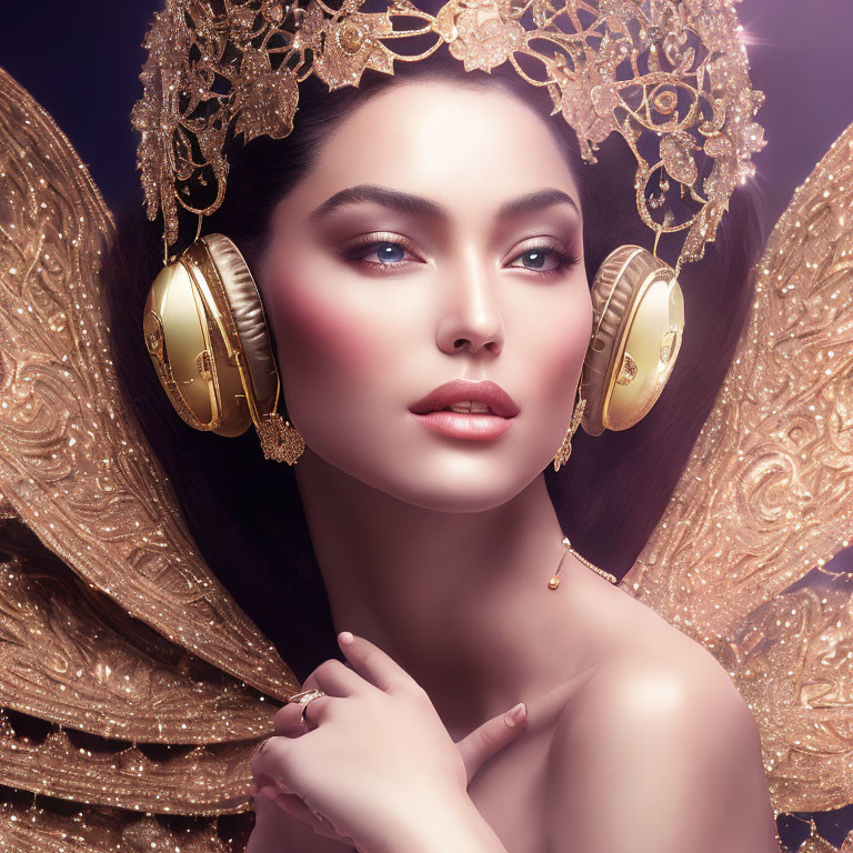 Woman adorned in ornate golden headgear and headphones with striking makeup against violet backdrop.