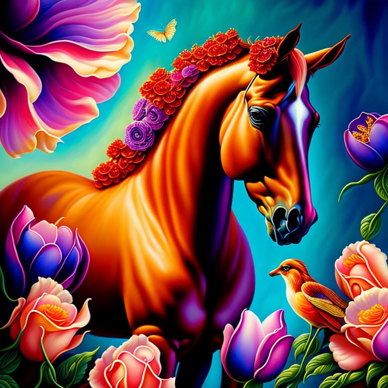 Colorful artwork: Chestnut horse with floral garland, blooms, butterfly, and bird on blue