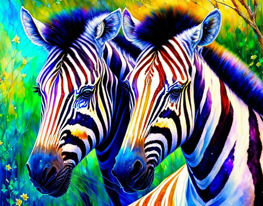 Vibrant rainbow zebras in colorful floral setting