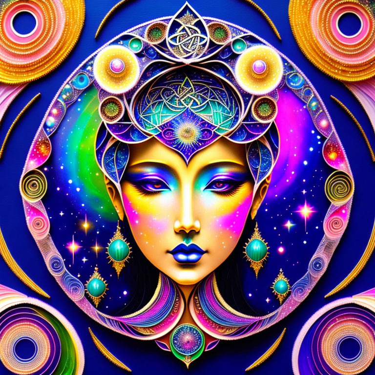 Colorful digital artwork of female figure with cosmic and spiritual motifs