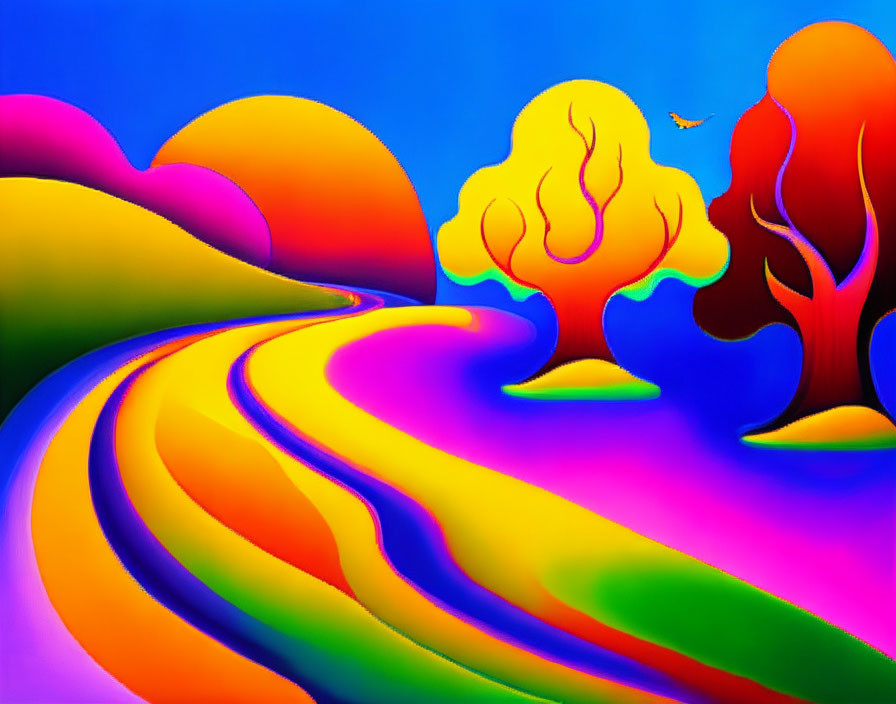 Colorful surreal landscape with neon trees and swirling patterns