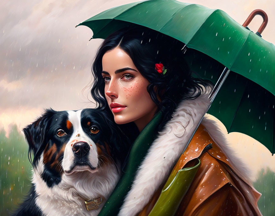 Dark-Haired Woman with Green Umbrella Sheltering with Dog in Light Rain