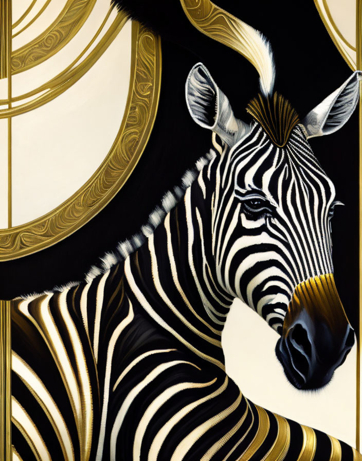 Zebra head painting with golden stylized lines and circles in background