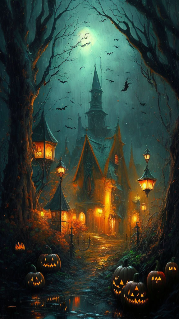 Moonlit pathway to haunted house with bats, spooky trees, and jack-o'-lanterns