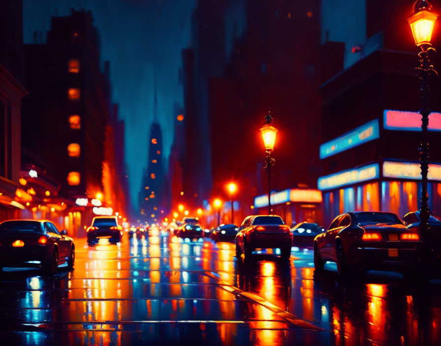 City street at night with glowing street lamps and car headlights on wet road