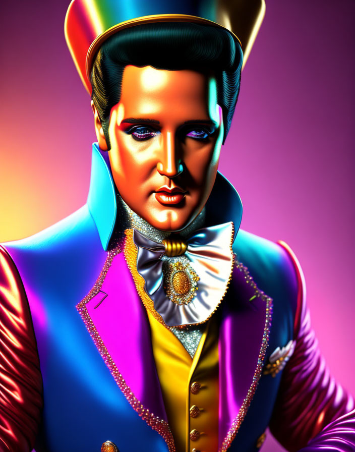 Colorful male figure illustration with pompadour hairstyle in vibrant suit and bow tie against gradient background