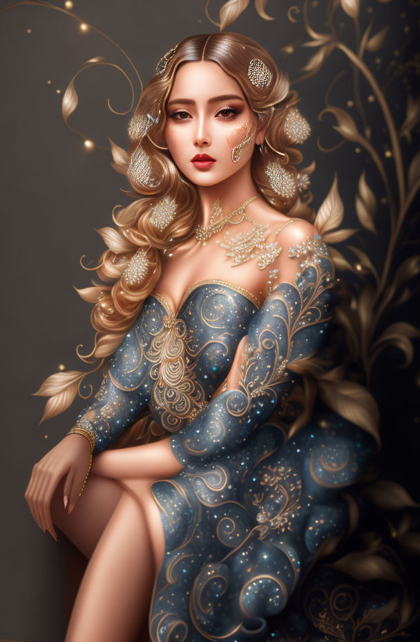 Detailed Illustration of Woman in Blue Gown with Gold Jewelry