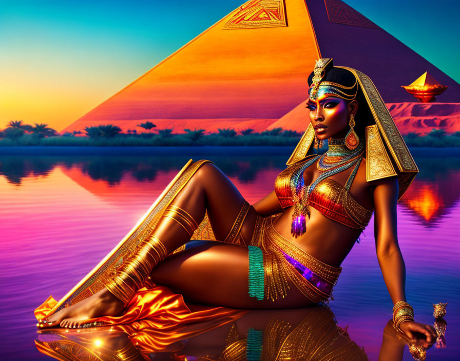 Egyptian Pharaoh-inspired woman reclining by river at sunset