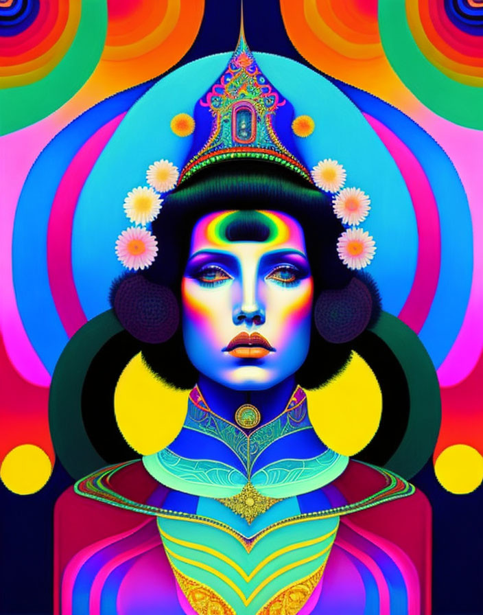 Colorful digital illustration of female figure with intricate headgear and floral decorations.