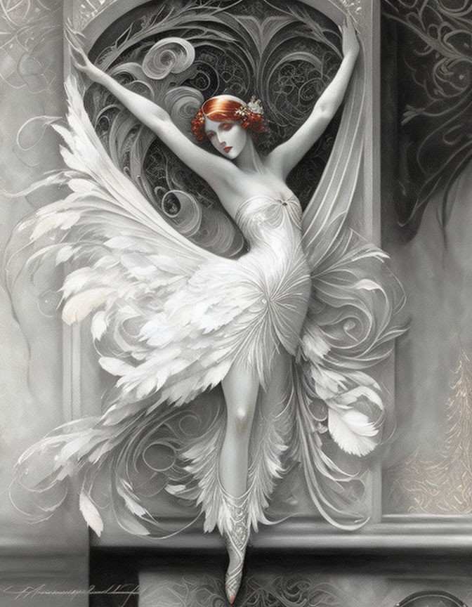 Ethereal image of angelic figure with white wings and red headpiece