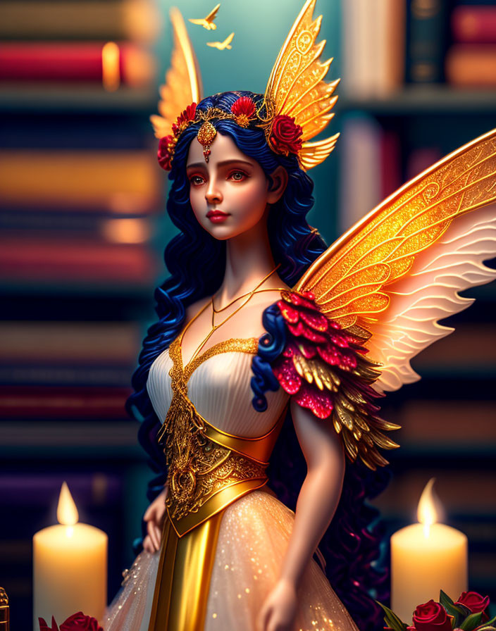 Fantasy figure with blue hair and golden headpiece among books and candles