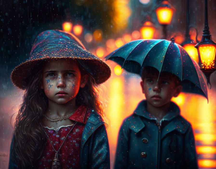 Children in rain with hat and umbrella, thoughtful expressions, streetlights, evening ambiance.