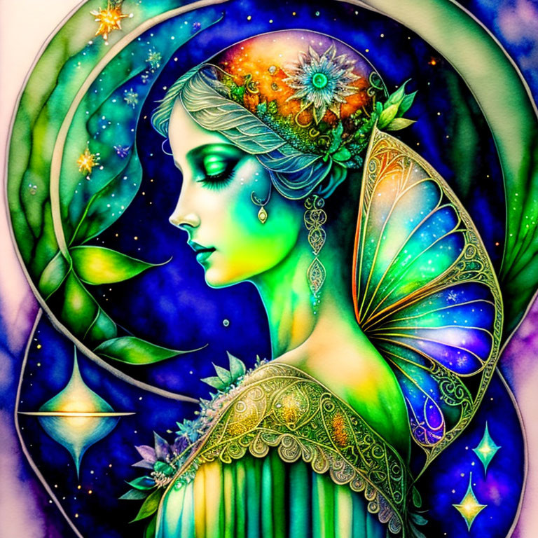 Colorful Illustration of Woman with Butterfly Wings and Halo of Leaves and Stars