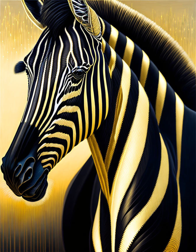 Close-up of a zebra with black and gold stripes on golden background