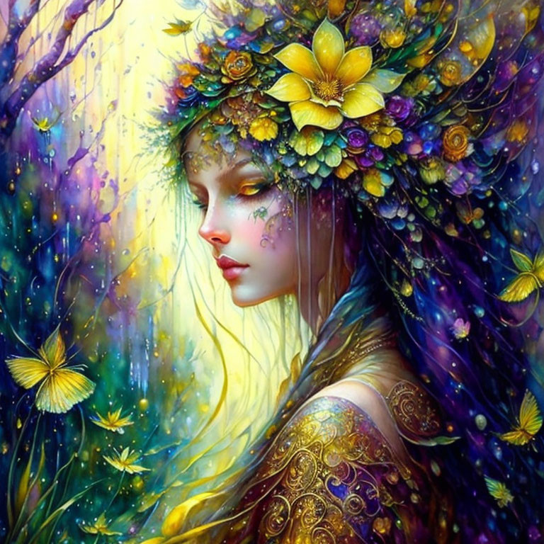 Vibrant floral headdress woman portrait with butterflies in mystical forest