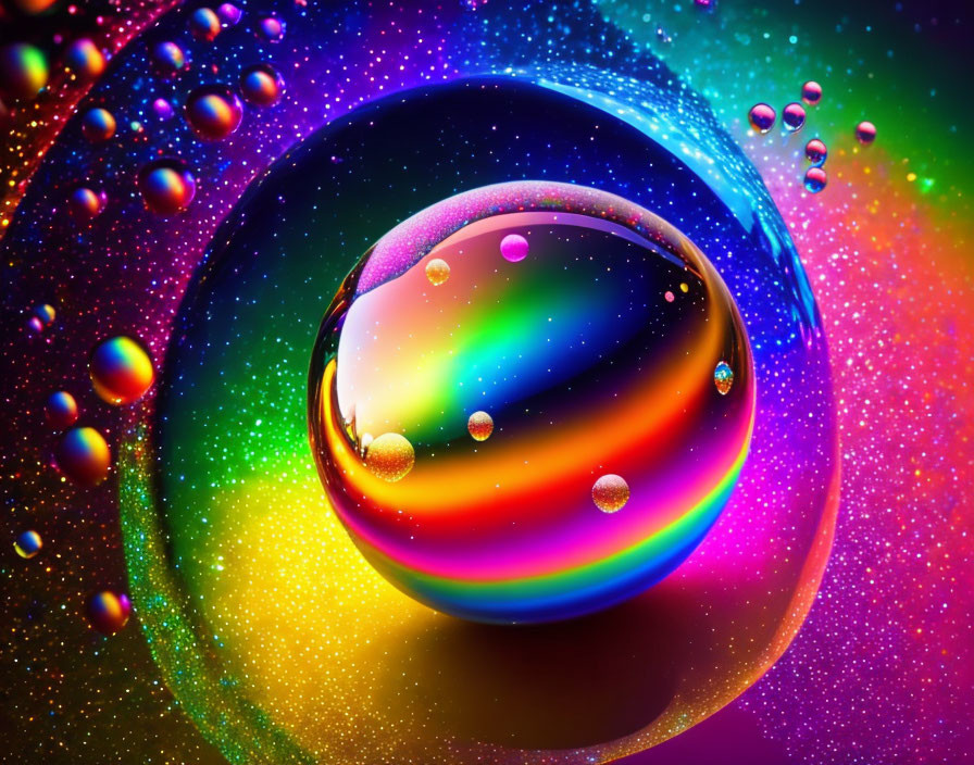 Close-up of Vibrant Water Droplet with Refracted Light and Colorful Background