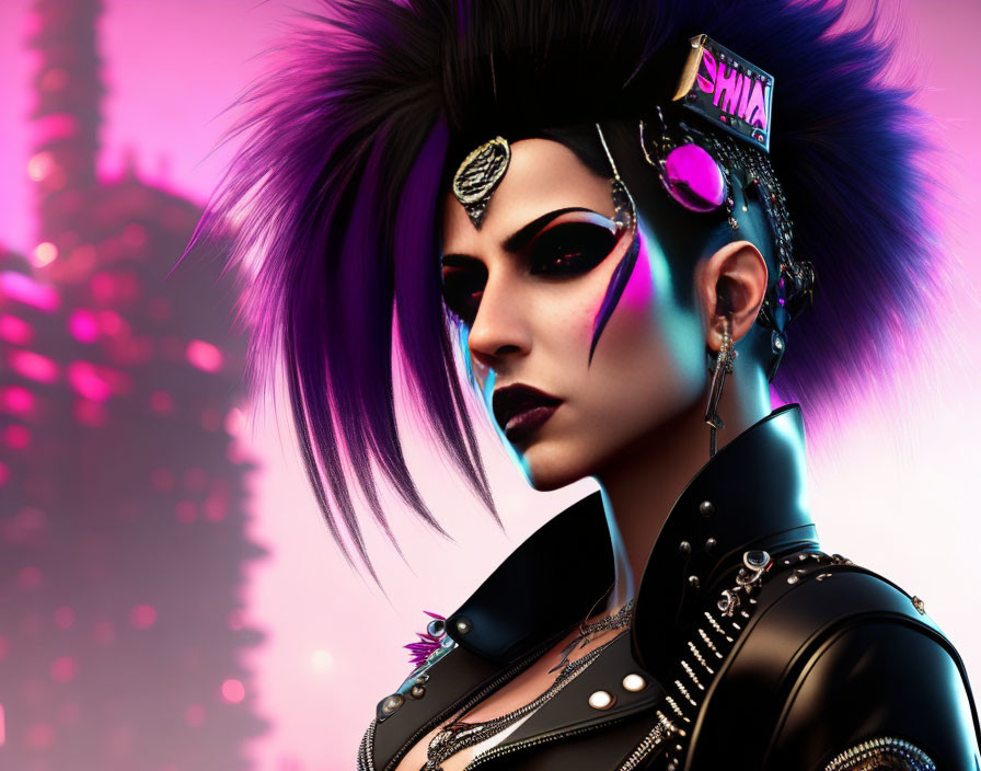 Stylized 3D illustration of punk-inspired woman with mohawk, piercings,